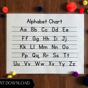 Puede incluir: Un gráfico de alfabeto imprimible con las letras del alfabeto en minúsculas, escritas en tinta negra sobre un fondo blanco. Las letras están dispuestas en filas, con cada letra emparejada con su contraparte en minúscula. El gráfico está titulado "Alphabet Chart" y tiene una etiqueta "INSTANT DOWNLOAD" en la parte inferior.