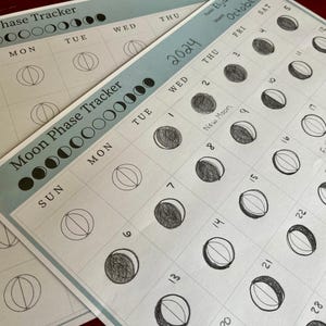 May include: Two printable moon phase trackers with a blue background and white grid. The top tracker has the days of the week labeled Sun, Mon, Tue, Wed, Thu. The bottom tracker has the month of October 2024 labeled and the days of the week labeled Sun, Mon, Tue, Wed, Thu, Fri, Sat. Both trackers have a row of moon phases at the top.