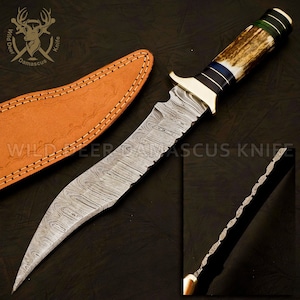 14&quot; Handmade Damascus steel- Deer antler handle hunting knife with leather sheath