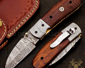 7.5" Handmade Damascus folding pocket knife hunting knife 100% handmade damascus steel handle tali wood with leather sheath