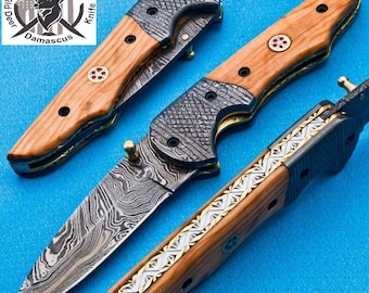 Handmade Damascus Steel Folding Pocket Knife with Leather Sheath