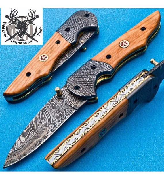 Handmade Damascus Steel Folding Pocket Knife with Leather Sheath