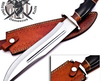 Handmade D2 Steel Hunting Knife: Bull Horn Handle, Leather Sheath
