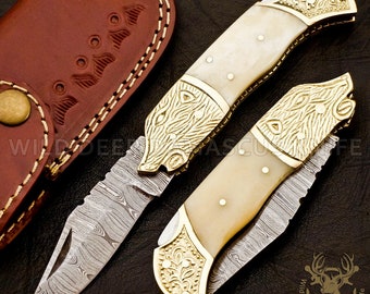 Handmade Damascus Steel Folding Pocket Knife with Leather Sheath