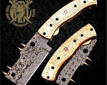 Handmade Damascus Folding Pocket Knife Hunting knife 100% Handmade Damascus Steel Brass Handle With Leather Sheath