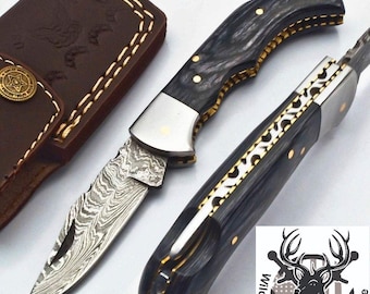 6.75'' Custom Handmade Forged Hunter Knife Damascus Steel Bowie Folding Knife Ironwood Handle With Leather Sheath
