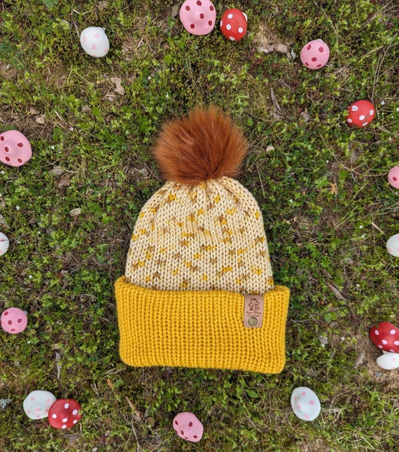 Berretto lavorato a maglia a doppio strato con pompon – Giallo