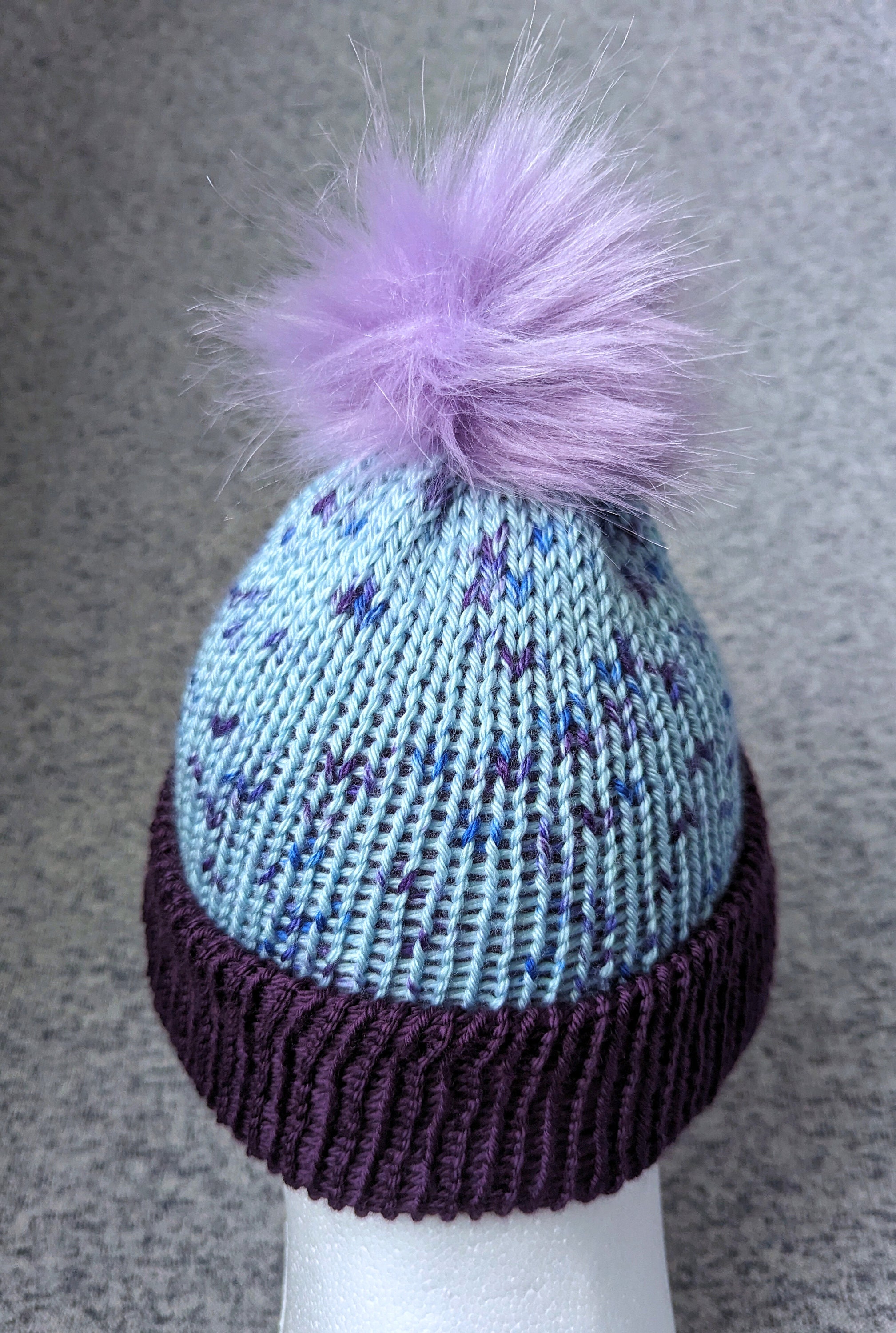 Hand Knit Beanie Style Hat, Purple and Blue, Purple Faux Fur Pom, Artisan Yarn Knit Beanie With Faux Fur Pom Pom | Light Blue Speckled  main image 3