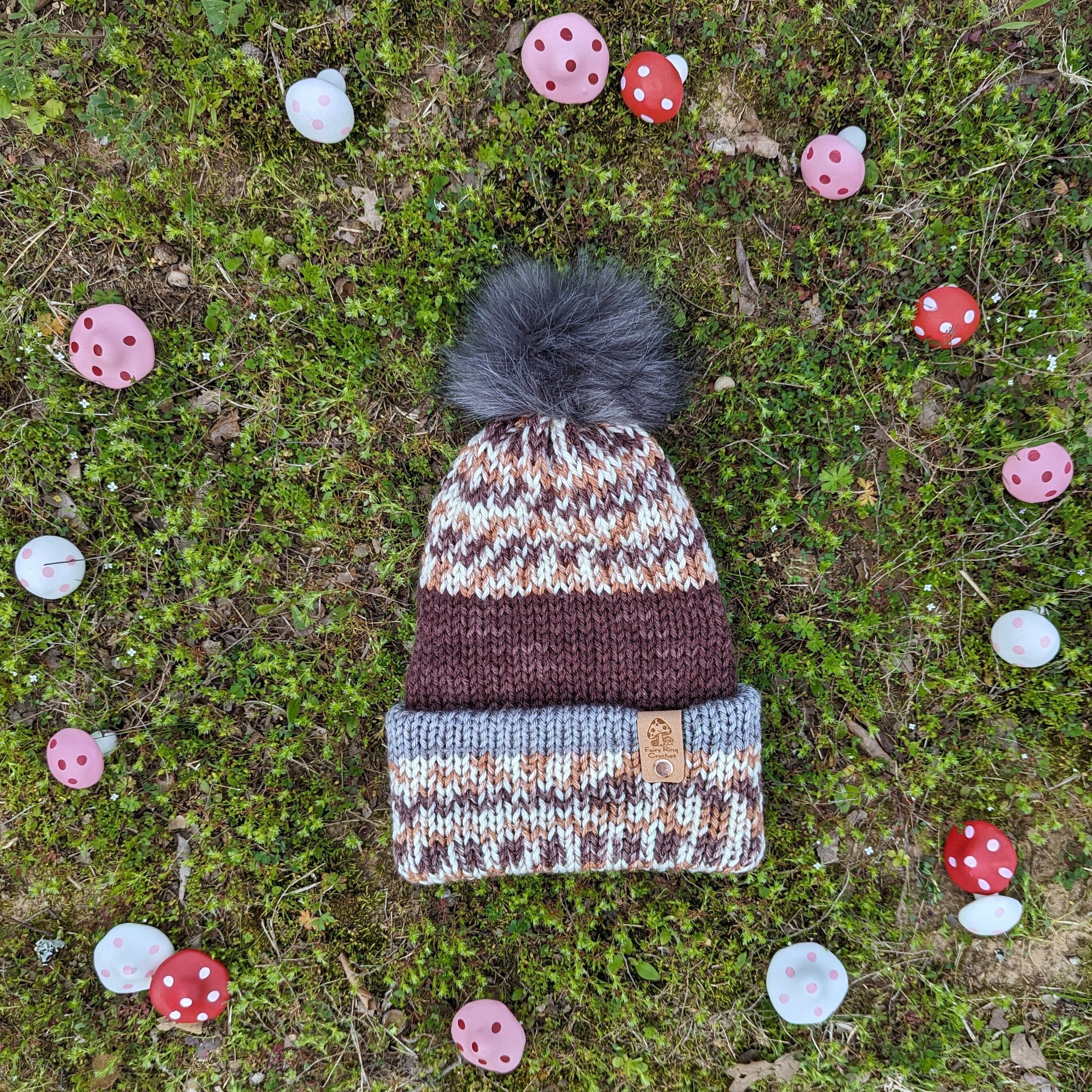 Multi Colored Holiday Beige Red Green Knit Faux Fur Pompom Beanie Winter Hat A second version of the Alaska hat hand knit for a custom  main image 4