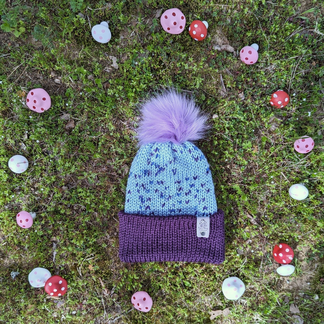 Knit Beanie With Faux Fur Pom Pom | Light Blue Speckled  display picture 1