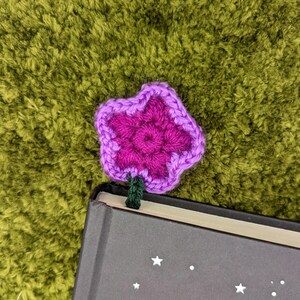 Book Blossom Bookmark - Handmade Crochet Bookmark - Dark Raspberry Pink & Bright Lilac Purple - Perfect Gift for Readers and Students