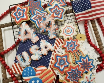 4th July Independence Day Decorated Fancy Sugar Cookies Patriot Red White Blue Flag USA America Memorial Day Veterans Day Vanilla event BBQ