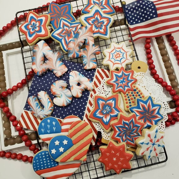 4th July Independence Day Decorated Fancy Sugar Cookies Patriot Red White Blue Flag USA America Memorial Day Veterans Day Vanilla event BBQ