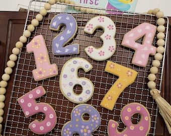 Groovy Number Cookies Multi colored birthday anniversary decorated vanilla sugar cookies treat. Large 3.5-4 inch. Number 1 2 3 4 5 6 7 8 9 0