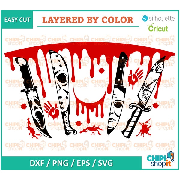 Horror Movie Full Cup Wrap SVG, Horror Characters Knives Wrap, Halloween Horror Movies SVG, Files for Silhouette, Files for Cricut