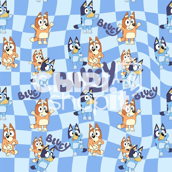 Blue and Orange Dogs Checkered seamless file, Blue Dog and Friends seamless pattern