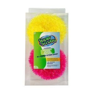 May include: Two handmade kitchen scrubbies in a clear plastic package. One is yellow and the other is pink. The scrubbies are made of polyester and are non-scratch, odor-free, mildew-resistant, and long-lasting. The package includes the text "Super Scrubby" and "All-Purpose Kitchen Scrubby".