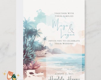 HAWAII WEDDING Invitation Template Editable Canva Watercolor Wedding Template Beach Ocean Tropical Wedding Theme Printable Instant Download