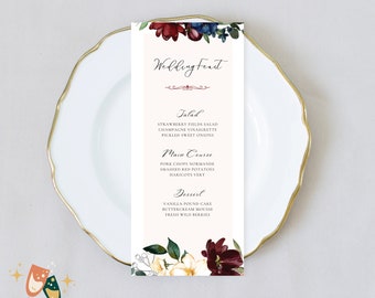 Wedding Menu Template Burgundy Blush Navy Floral Menu Card Editable Canva Template for Wedding or Bridal Shower Menu Printable