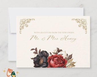 Wedding Thank You Card Template Gothic Victorian Elegant Canva Template Floral Editable Printable Wedding Red Black Floral Wedding Thank You