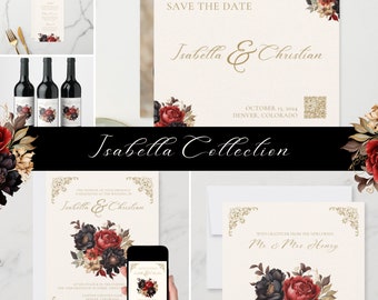 Gothic Victorian Wedding Templates Bundle Editable Printable Canva Templates for Elegant Fall Wedding Red and Black Floral Wedding Template