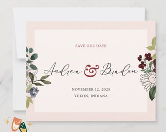 Wedding Save the Date Photo Template Burgundy Blush Navy Floral Save the Date Postcard Editable Canva Template Fall Wedding Save the Date