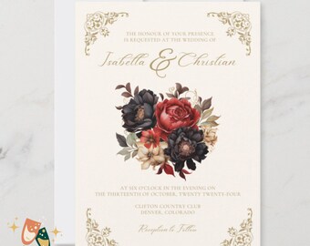 Wedding Invitation Template Printable Victorian Elegant Wedding Invite Template Canva Editable Wedding Invitation Gothic Red Black Floral