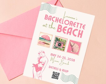 Bachelorette Beach Party Invitation Template: Retro Pink Tropical Theme (Digital Download)