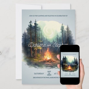 Camping Wedding Invitation Suite: Pine Trees, Outdoors (Canva Templates)