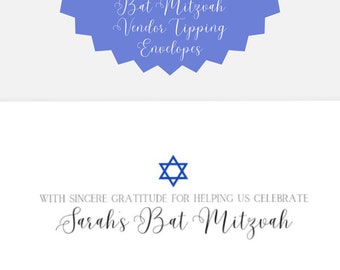 Bat Mitzvah Vendor Tipping Envelopes | Personalized Set of 10 Party Tip Envelopes | Gratuity Envelope for Bat Mitzvah Celebration Vendors