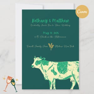 May include: Wedding invitation with a teal background featuring the names "Bethany & Matthew" in a script font. The invitation includes the date "May 31, 2025" and a drawing of a cow. The Canva logo is in the upper right corner.