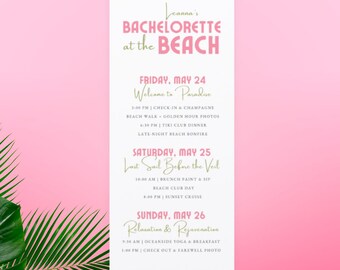 Bachelorette Beach Party Itinerary Template: Retro Pink Tropical Theme (Digital Download)