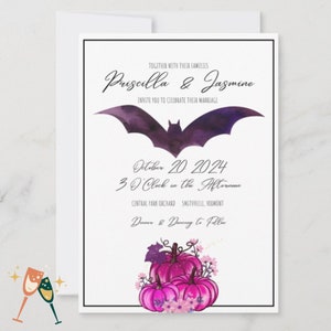 Faire-part de mariage Halloween : citrouilles violettes, chauves-souris (modifiables sur toile, téléchargement immédiat)