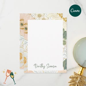 May include: A set of stationery with a floral design in shades of pink, gold, and green. The stationery features the name "Dorothy Swanson" in a script font. The Canva logo is visible in the upper right corner.