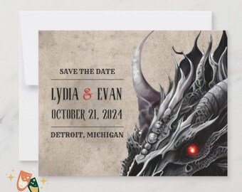 Save the Date Dragon Skull Wedding Template Printable Canva Gothic Halloween Gamer Wedding Save the Date Postcard Editable Dragon Scale