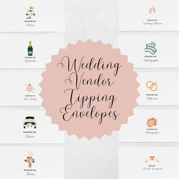 Wedding Vendor Tipping Envelopes | Set of 10 Printed Envelopes | Tip Envelopes for Wedding Vendors | Bartender, Caterer, DJ, Florist & More