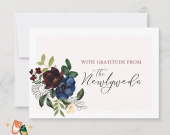 Wedding Thank You Card Template Burgundy Blush Navy Floral Editable Canva Template for Fall Wedding Thank You Card Printable