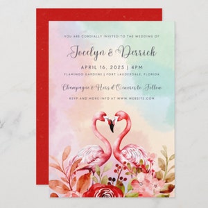 Plantilla de invitación de boda con flamencos. Plantilla de invitación de boda y tarjeta RSVP de Florida. Invitación de flamenco editable en Canva para despedida de soltera.
