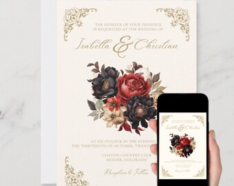 Victorian Red Floral Wedding Suite: Editable Canva Templates (Digital Download)
