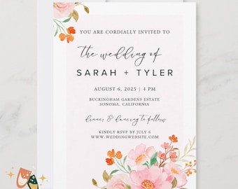 FLORAL WEDDING Invitation Template Printable Invitation Editable Canva Peach Pink Wedding Invite Template Minimalist Digital Wedding Invite