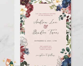 Wedding Invitation Suite Burgundy Blush Navy Floral Editable Wedding Invitation Canva Template Printable Invite RSVP Card for Fall Wedding