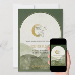 Celtic Wedding Invitation Template: Olive Green Watercolor (Editable Canva PDF)