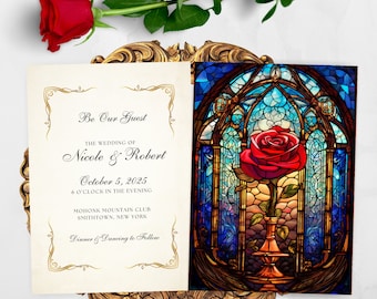 May include: Wedding invitation with a gold border and text that reads "Be Our Guest, The Wedding of Nicole & Robert, October 5, 2025, 6 O'Clock in the Evening, Mohonk Mountain Club, Smithtown, New York, Dinner & Dancing to Follow". The background of the invitation is a cream color. The right side of the invitation features a stained glass window with a red rose.