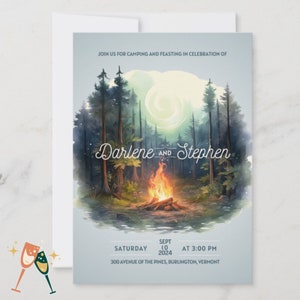 Faire-part de mariage en camping Modèle de faire-part rustique forêt de pins Modèle imprimable sur toile modifiable pour mariage en camping dans les Adirondacks