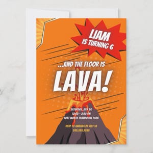 Inbjudan till födelsedag med texten "Golv är lava": Redigerbar vulkanfestinbjudan (digital mall 13x18 cm)