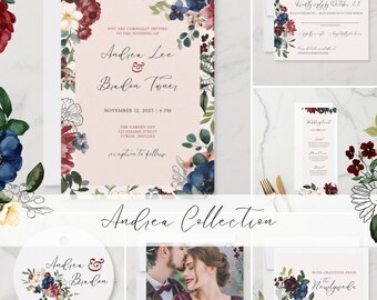 Wedding Templates Burgundy Navy Blush Floral Editable Save-the-Date, Wedding Invitation Suite, Menu, Favor, Thank You Templates in Canva