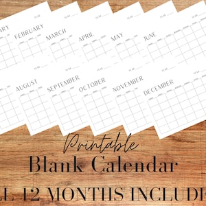 Blank Yearly Calendar | Printable Blank Calendar | Simple Calendar | 11X8.5 | Minimalist Calendar | Horizontal Calendar | Black and White