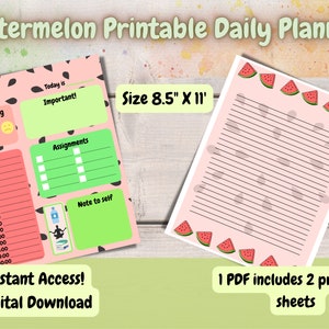 Op de afbeelding: Een printbare dagelijkse planner met een watermeloen thema. De planner bevat een schema, een sectie voor belangrijke taken en een notitiesectie. De planner is 8,5 inch bij 11 inch en bevat twee printbare vellen.