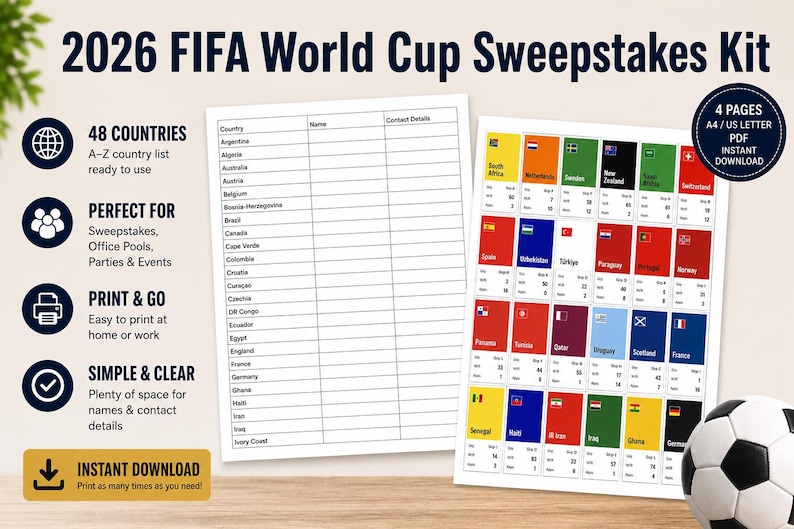 2026 FIFA World Cup Sweepstakes Kit | Printable Office Party Game (PDF