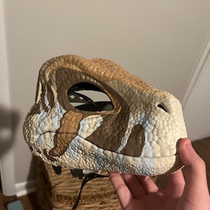 May include: A dinosaur mask in shades of tan, brown, and blue. The mask has a textured surface and eye openings. The mask is held by a hand.